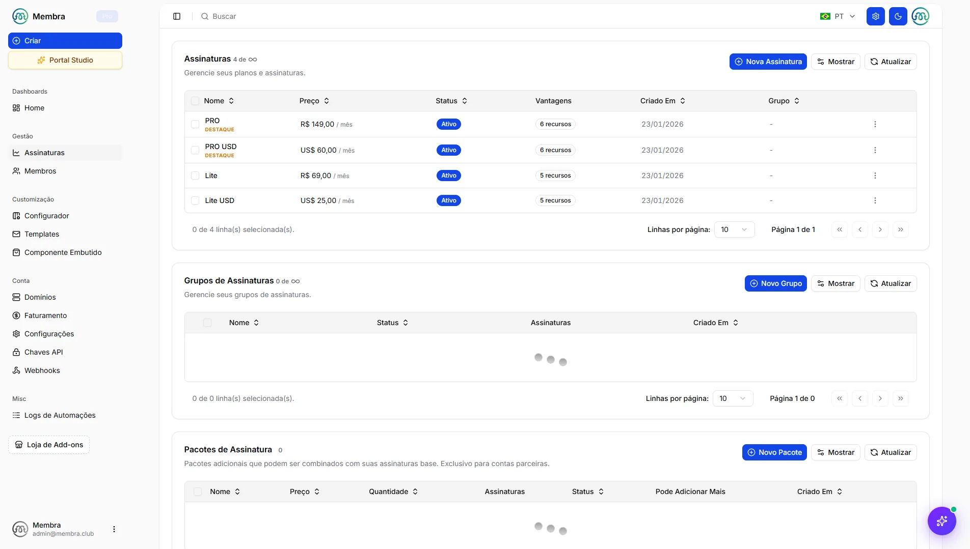 Membra subscriptions dashboard listing plans priced in BRL and USD.
