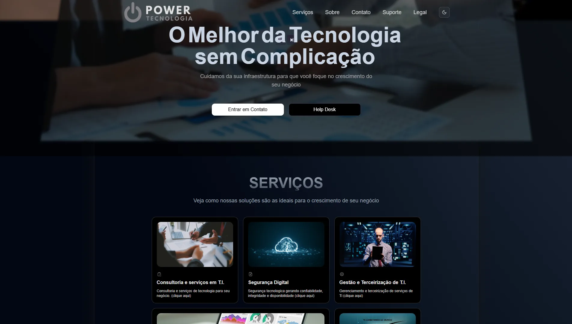 Power Tecnologia website hero and services section.